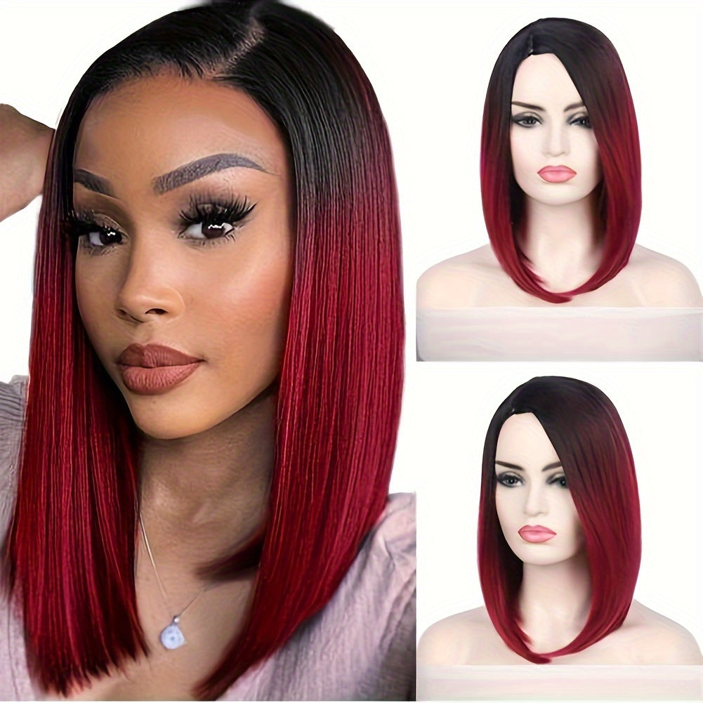 14-Inch Straight Synthetic Bob Wig with Ombre Effect - Black to Red, Heat-Resistant Fiber, Daily Cosplay & Party Style, High-Density Rose Net, Perfect for Women, Party Hair Accessory | Stylish Hairpiece | Heatresistant Fiber,